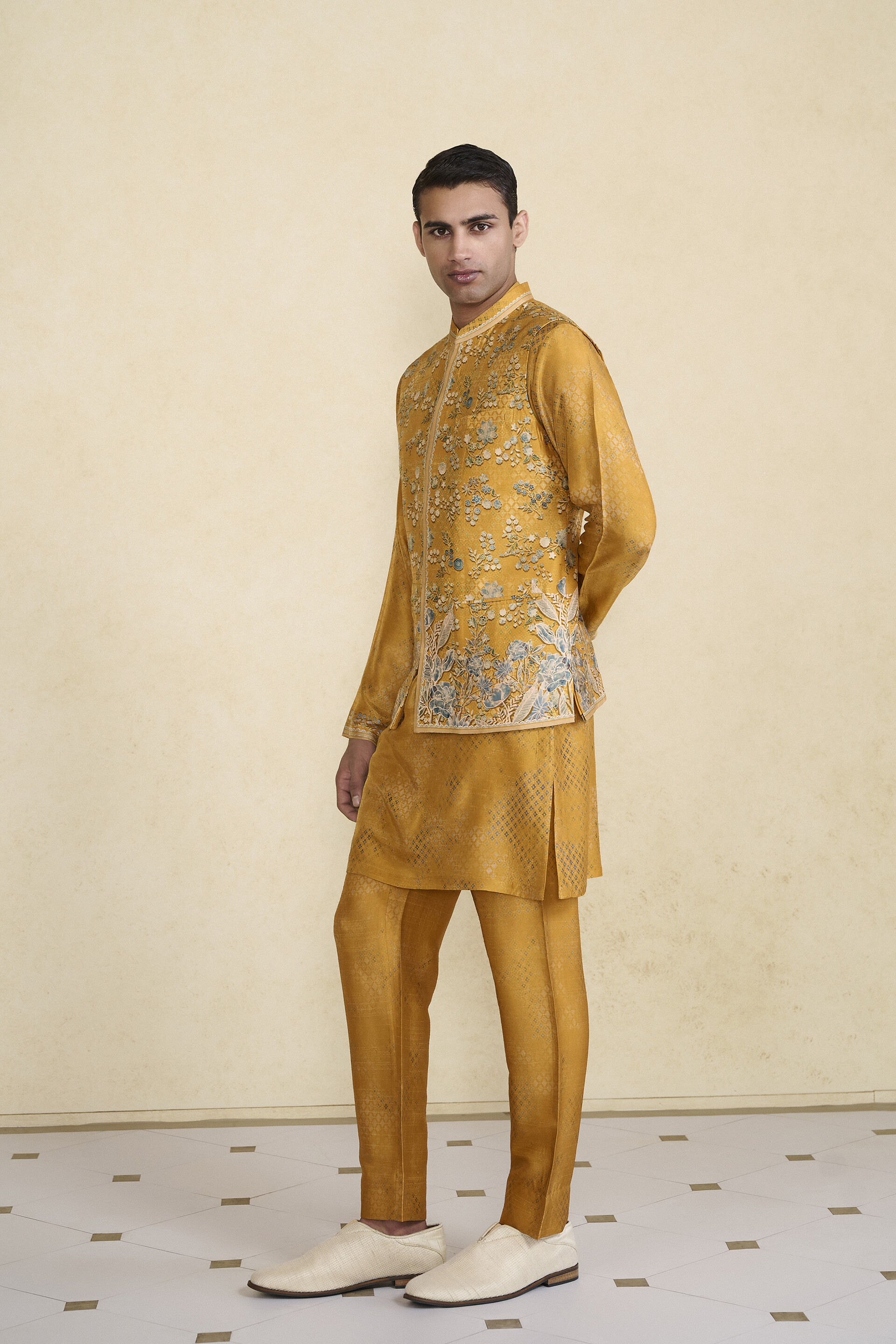 Zarghun Printed Silk Nehru Jacket - Mustard, Mustard, image 3